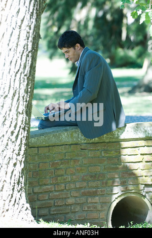 Businessman sitting on low wall in park, using laptop Stock Photo