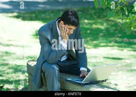 Businessman sitting on low wall in park, using laptop Stock Photo