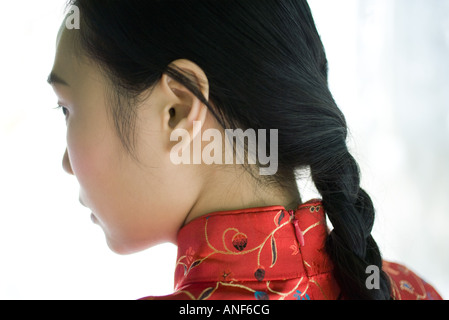 Young woman with hair braided, close-up, rear view Stock Photo