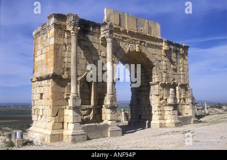 Triumphal Arch built in AD 217 in honour of Emperor Caracalla in the Roman ruins at Volubilis Morocco North Africa