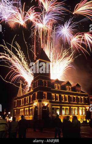 Fireworks over Duncan's City Hall, Vancouver Island, British Columbia, Canada. Stock Photo
