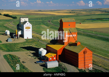 Aerial of grain elevators in Neville saskatchewan, Canada. Stock Photo