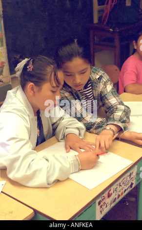 Asian American fifth graders working on homework at summer school program. Holland School Minneapolis Minnesota USA Stock Photo