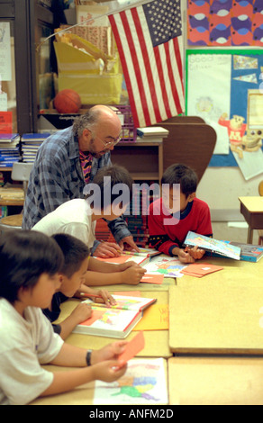Geography class of Asian American 6th graders age 11 at summer school white teacher. Holland School Minneapolis Minnesota USA Stock Photo