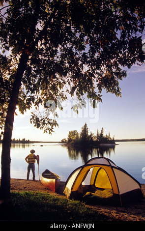 Canoeist , Otter Falls, Whiteshell Provincial Park, Manitoba, Canada. Stock Photo