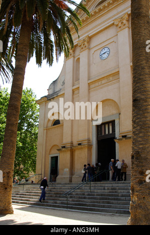 church overlooking Place Paoli in L'Ile Rousse, Corsica Stock Photo
