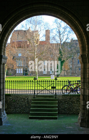 Through the gatehouse archway Bury St Edmunds Cathedral  Diocese of St Edmundsbury Suffolk england uk gb Stock Photo