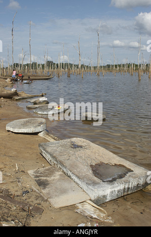 Wash boards on the shore of the Brokopondo reservoir in the village of Lebidoti Suriname. Stock Photo