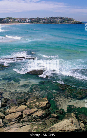 Bondi to Coogee famous costal walk, view from cliff over sea towards Bondi, Sydney NSW, Australia.