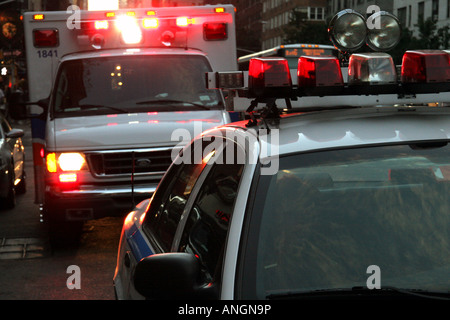 New York emergency service vehicles police car and ambulance Stock Photo