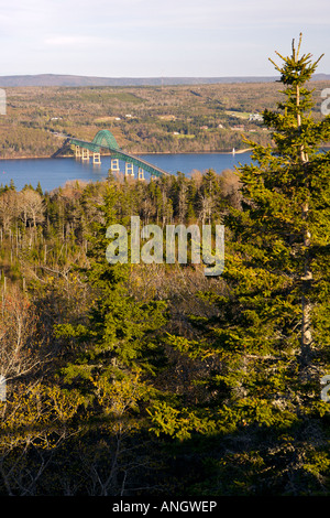 View from the Bras d'Or Overlook on Kelly's Mountain overlooking the bridge over the Great Bras d'Or in Nova Scotia, Canada. Stock Photo