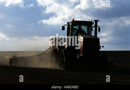 Case 9380 caterpillar tractor with Vaderstad seed drill sewing winter wheat crop, Butley, Suffolk, UK. Stock Photo