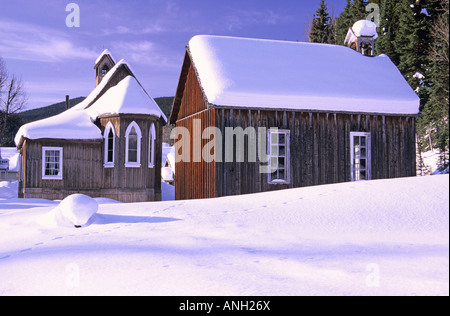 St Saviour's Church in morning light in the historic mining town of Barkerville is located just outside of Bowron Lakes Provinci Stock Photo