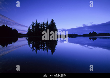 Islets on Billy Bay at twilight, Porcher Island, British Columbia, Canada. Stock Photo