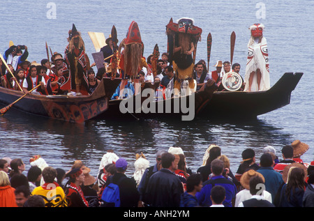 Haida war canoes at a wedding, Haida Gwaii, British Columbia, Canada. Stock Photo