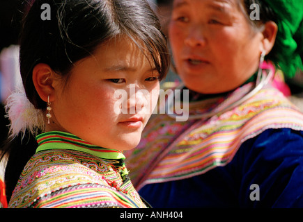 Portrait of a woman of the Hmong Tribe in traditional dress at the market in BacHa Northern Vietnam dress BacHa Northern Vietnam Stock Photo