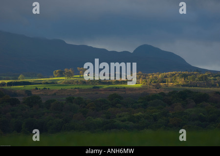 A stormy evening looking onto the Campsie Fells, Scotland. Farm in ...