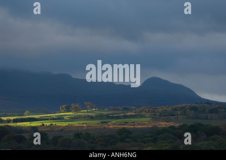 A stormy evening looking onto the Campsie Fells, Scotland. Farm in ...