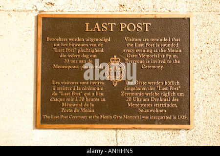 Plaque about the Last Post ceremony on the Menin Gate memorial to the missing in Ypres Belgium Stock Photo