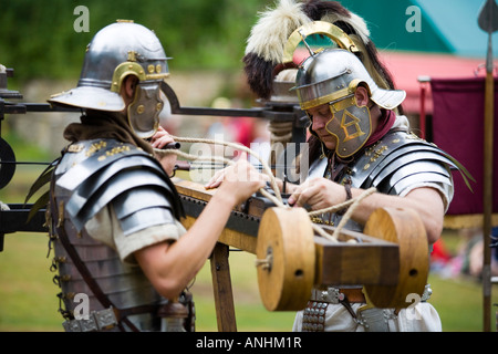 Actors demonstrate the use of the ballista at a Roman army reenactment,  Chedworth Villa, Gloucestershire, UK Stock Photo