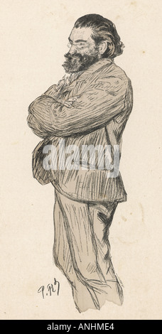 Musée des Patriotes - 1899 - - Lenepveu, V. - Caricature of Édouard Drumont  (1844-1917) resting his elbow on a stack of his publications. Drumont was  editor of the anti-Semitic daily La