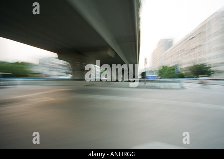 Overpass viewed from freeway, blurred motion Stock Photo