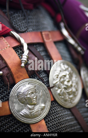 Close up of replica Centurions armour at a Roman army reenactment,  Chedworth Villa, Gloucestershire, UK Stock Photo