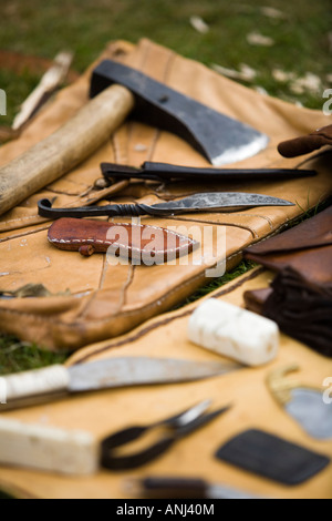 Replicas of a Roman soldiers tools at an historical reenactment, Chedworth Villa, Gloucestershire, UK Stock Photo