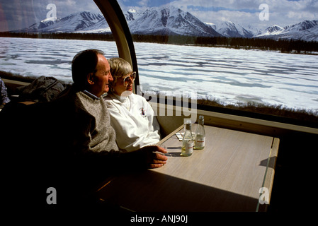 AK Alaska Railroad Luxury Car on the McKinley Explorer Train model released railway train taking the train observation car coupl Stock Photo