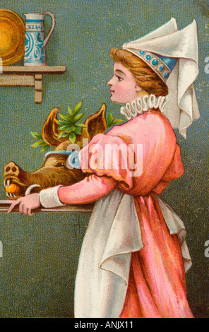 Lady Cook Boars Head Stock Photo