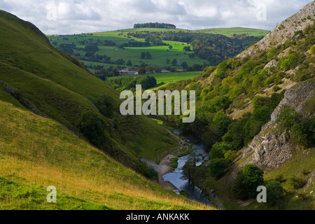 View of Dovedale from the slopes of Thorpe Cloud in the Peak District National Park England UK Stock Photo