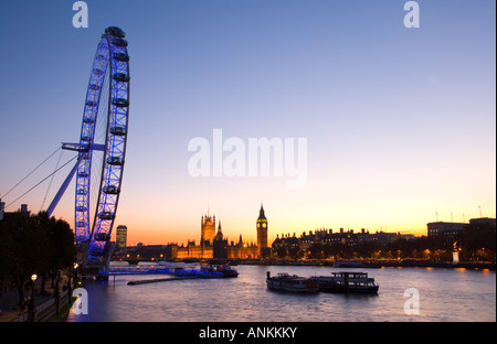 River Thames with the London Eye and Britain's Houses of Parliament in London, England. Stock Photo