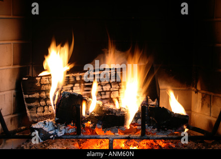 a fire burns in a fireplace with red coals Stock Photo