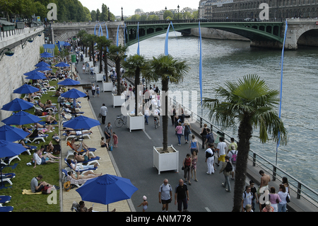 An artificial Beach set up along the Seine River in Paris, France. Stock Photo