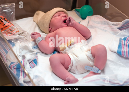 Newborn baby resting in hospital s post delivery room Stock Photo