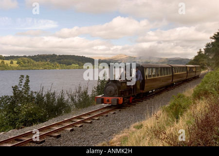 Wales Gwynedd Snowdonia Bala Lake Railway train on lakeside line Stock Photo