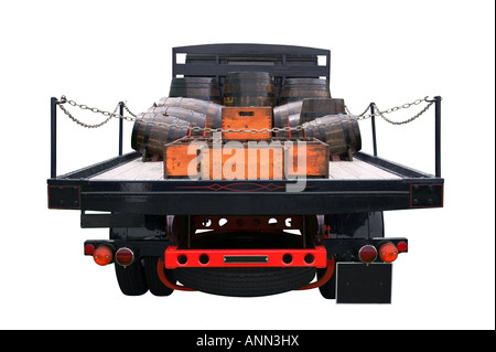 Rear of a vintage lorry with beer barrels and crates on Stock Photo