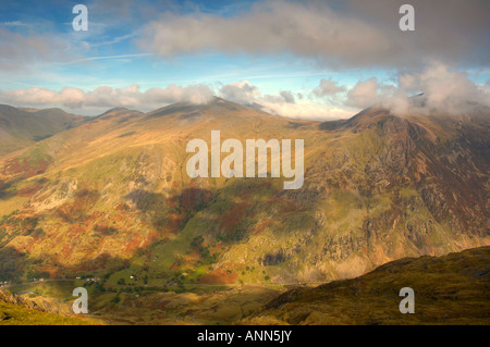The Llanberis pass viewed form the top of Mount Snowdon on a clear sunny day Snowdonia Wales UK Stock Photo