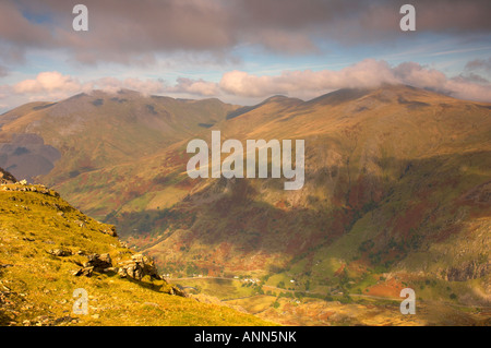 The Llanberis pass viewed form the top of Mount Snowdon on a clear sunny day Snowdonia Wales UK Stock Photo