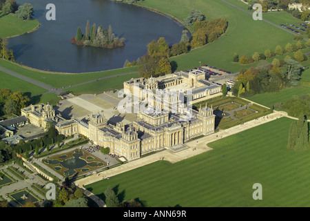 Aeiral view of Blenheim Palace with it's lake and formal gardens near Woodstock in Oxfordshire, once home to Winston Churchill Stock Photo