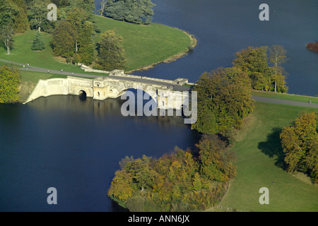 Aerial view of the Grand Bridge at Blenheim Palace spanning the lake near Woodstock in Oxfordshire Stock Photo