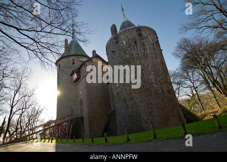 Horizontal wide angle of the Welsh 'fairytale' gothic Castell Coch [Red Castle] in the suburbs of Cardiff, Wales on a bright sunny day. Stock Photo