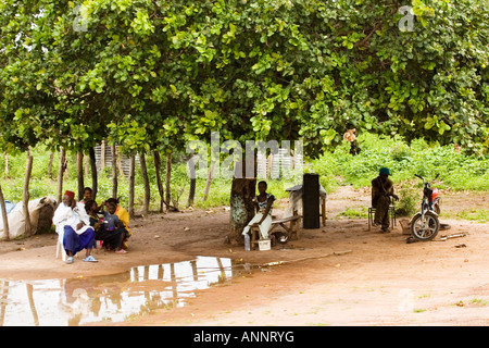 A group of Gambian villagers sitting under a tree by the roadside in The Gambia, west Africa Stock Photo