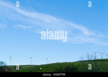 Horizontal wide angle of common three bladed wind turbines perched on a hill at a wind farm against a bright blue sky Stock Photo