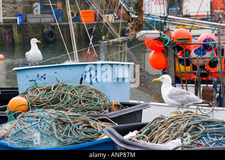 Large plastic boxes filled with fishing nets, floats etc on the  harbourside, Mevagissey, Cornwall Stock Photo - Alamy