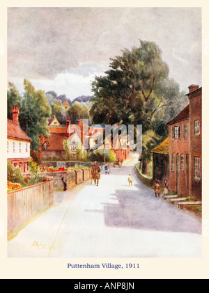 Puttenham Surrey 1911 watercolour of the view up the village street towards the church Stock Photo