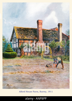 Alford House Farm Surrey 1911 watercolour of an old Surrey country farmstead Stock Photo