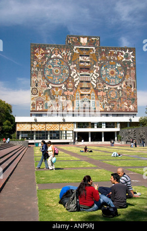 Students in front of the Central Library on the campus of the National Autonomous University of Mexico in Mexico City Mexico Stock Photo
