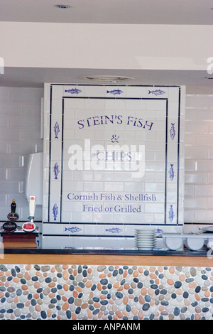 Plaque advertising the famous Sten s fish and chip shop in Padstow Stock Photo
