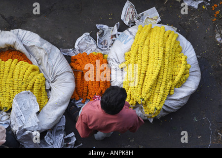 Men work at the Mullick Ghat Flower Market neat the Howrah Bridge in Kolkata, India. Stock Photo